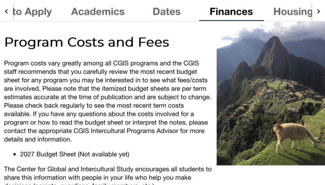 Webpage displaying Program Costs and Fees text next to a photo of Machu Picchu with a llama grazing.
