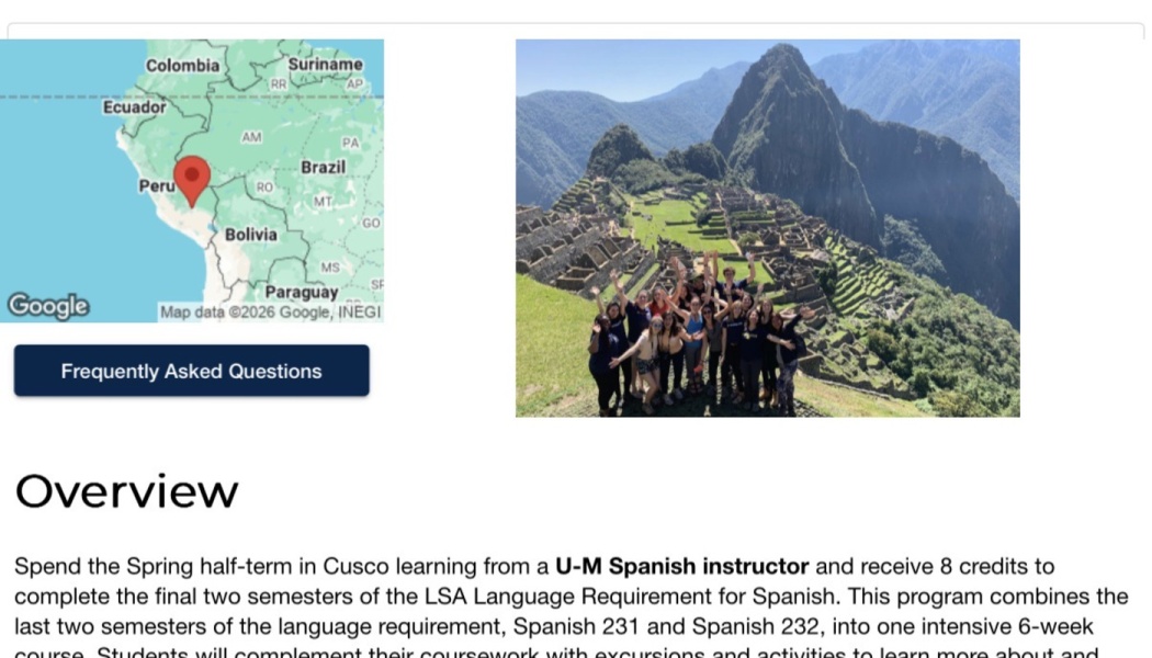 Map pinpointing Peru alongside a group of students posing in front of the Machu Picchu ruins.