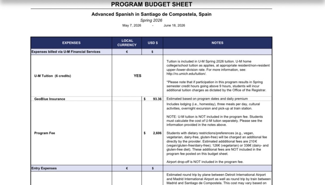 Program budget sheet for Advanced Spanish in Santiago de Compostela, Spain, detailing study abroad costs.
