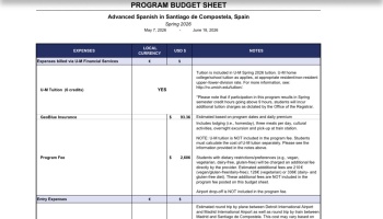 Program budget sheet for Advanced Spanish in Santiago de Compostela, Spain, detailing study abroad costs.