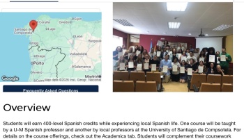 Map highlighting Santiago de Compostela next to a group of students posing with certificates in a classroom.