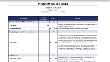 Program Budget Sheet detailing expenses for the Spanish in Madrid Spring 2026 study abroad program.