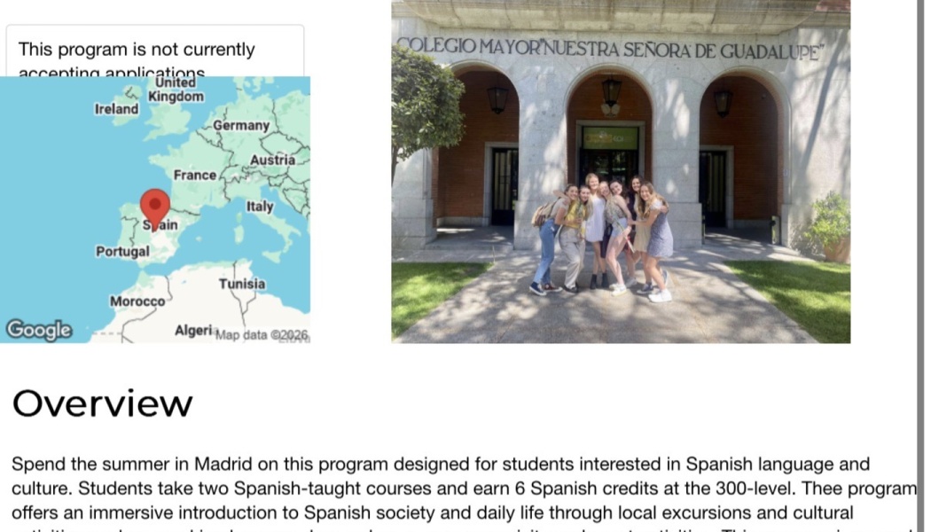 Webpage for a Madrid study abroad program with a map pin on Spain and students posing outside a building.