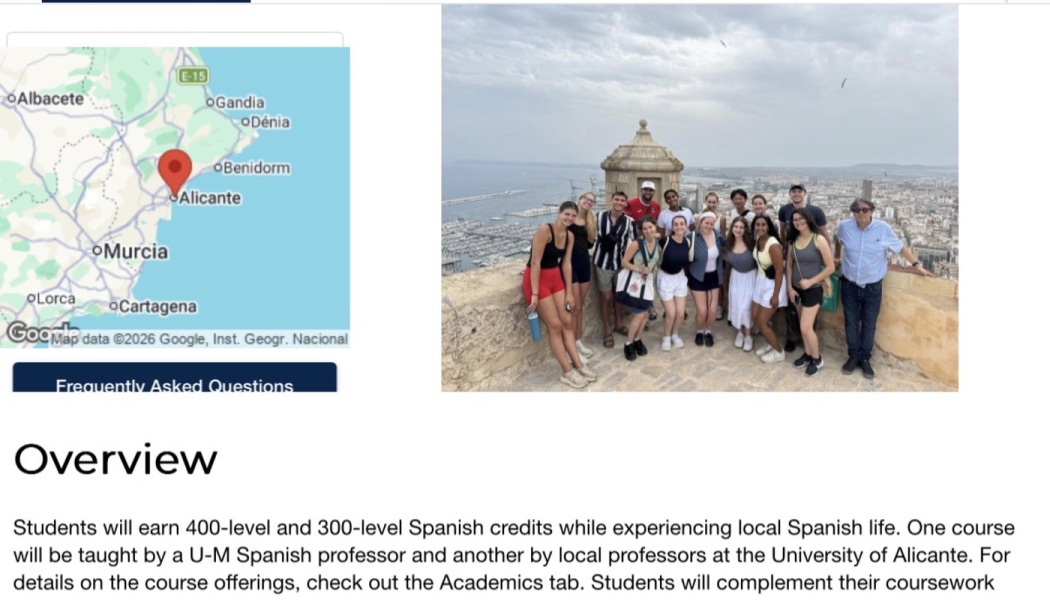 Map showing Alicante, Spain, alongside a group of students posing on a hilltop overlooking the coastal city.