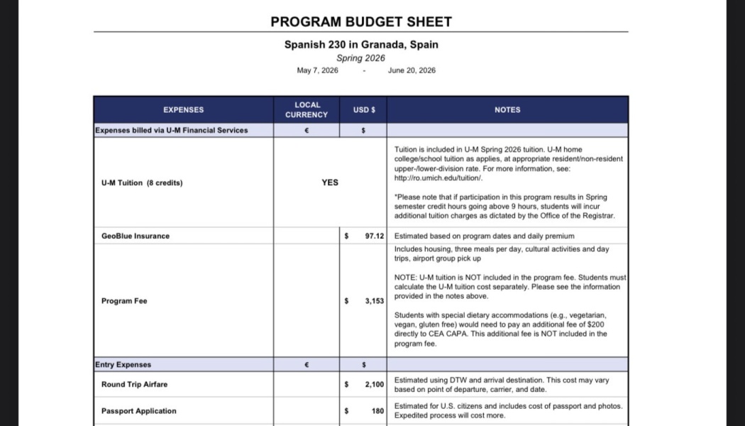 Program budget sheet detailing study abroad expenses for Spanish 230 in Granada, Spain, Spring 2026.