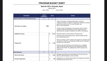 Program budget sheet detailing study abroad expenses for Spanish 230 in Granada, Spain, Spring 2026.