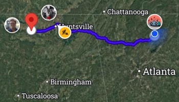 Satellite map showing a blue travel route through Huntsville with custom location markers.