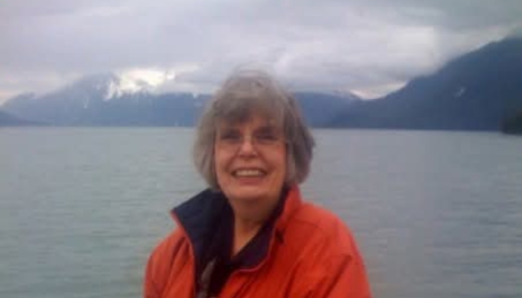 Smiling woman with short gray hair wearing an orange jacket, with a large lake and misty mountains behind her.