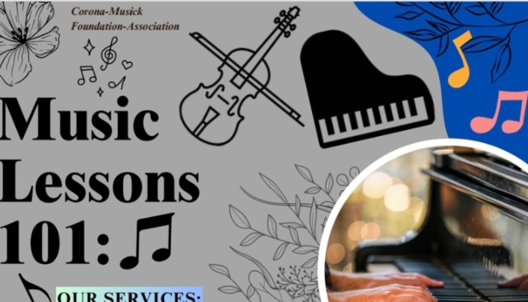 Graphic for "Music Lessons 101" with violin and piano illustrations and a photo inset of hands playing piano.