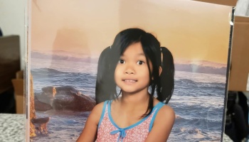 A smiling young girl with dark pigtails wearing a pink top against an ocean sunset backdrop.