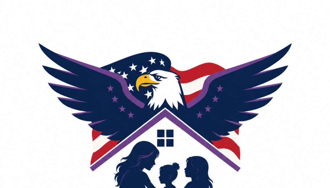 A bald eagle with wings spread over a house frame shielding a mother and children, with an American flag behind.