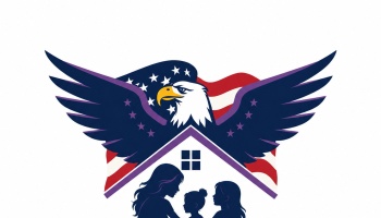A bald eagle with wings spread over a house frame shielding a mother and children, with an American flag behind.