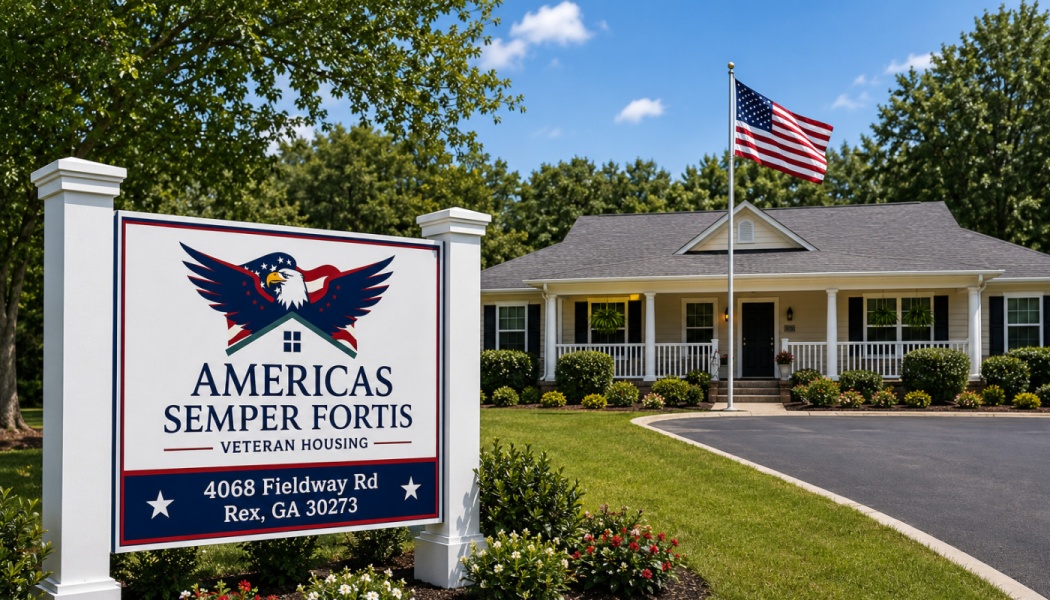 Sign for Americas Semper Fortis Veteran Housing in front of a single-story home with an American flag.