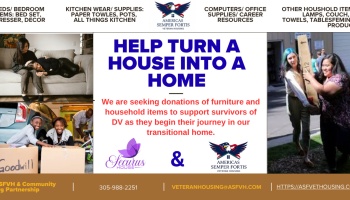 Flyer seeking furniture and household item donations for domestic violence survivors to help turn a house into a home.