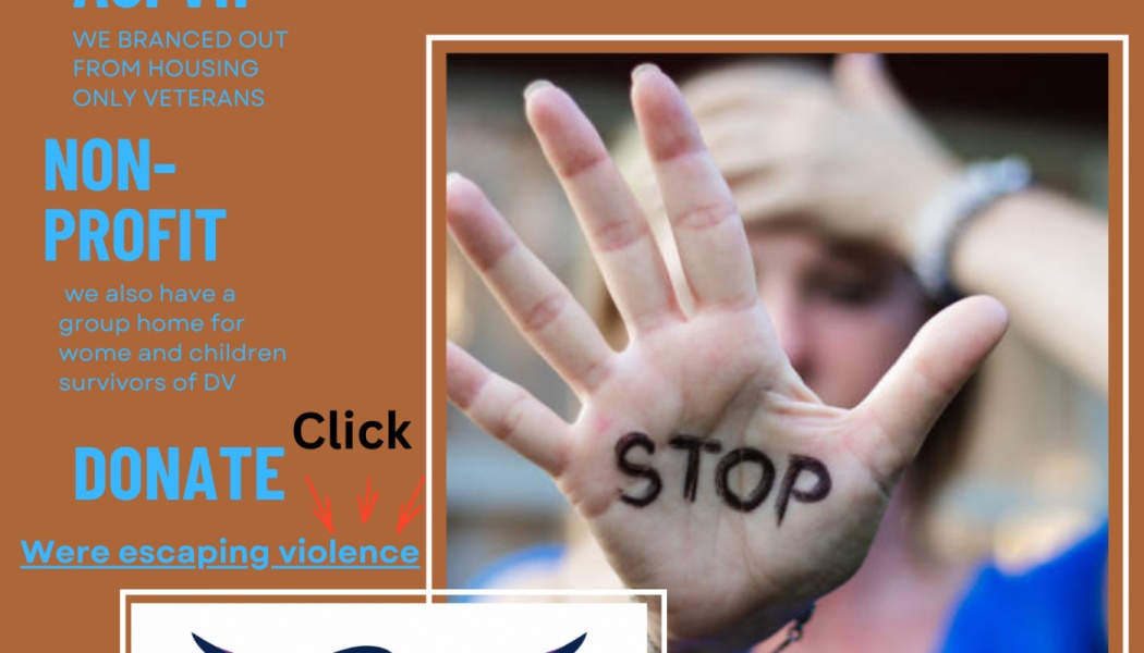 Flyer for a domestic violence non-profit featuring a woman holding up her palm with the word STOP written on it.