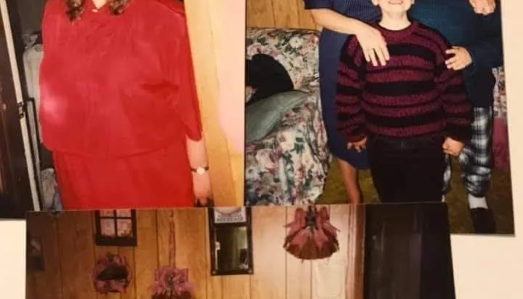 A collage of vintage family photographs featuring a child in a striped sweater and a person in a red outfit.