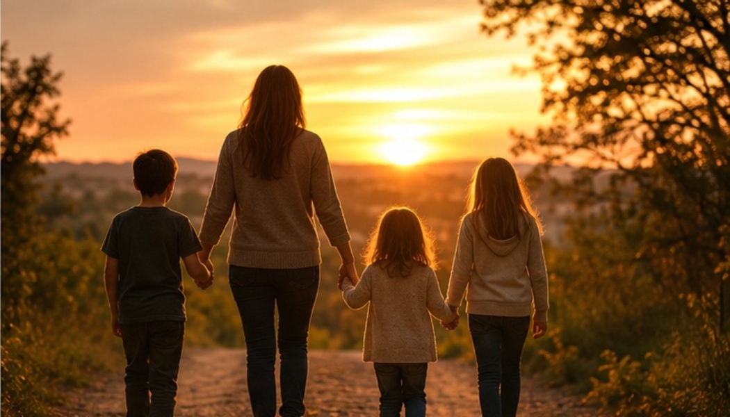 A mother and three children hold hands as they walk down a rural path toward a glowing golden sunset.