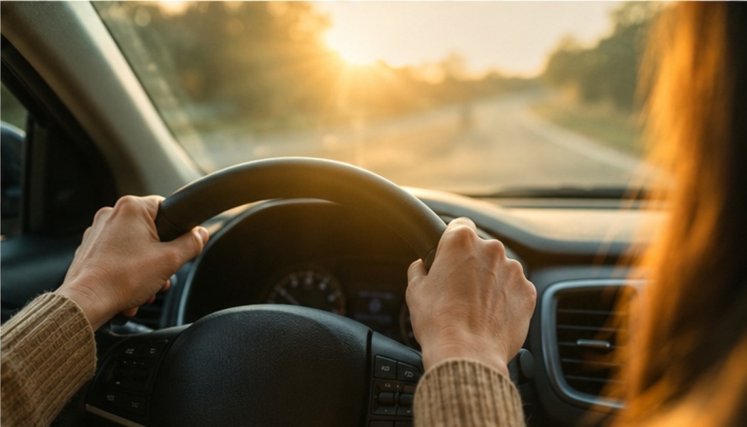 Driver's hands on a steering wheel while driving towards a bright golden sunset.