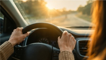 Driver's hands on a steering wheel while driving towards a bright golden sunset.
