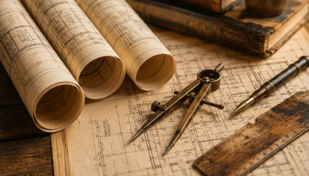 Rolled vintage architectural blueprints with a brass compass, fountain pen, and wooden ruler on a wooden desk.