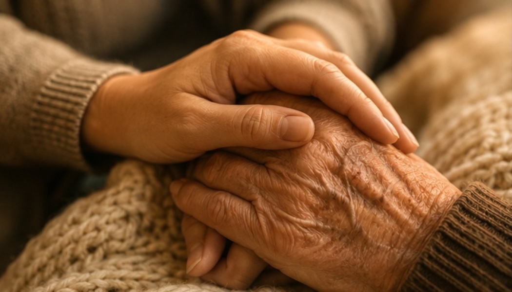 A younger hand gently holding an elderly person's wrinkled hand in a comforting gesture.