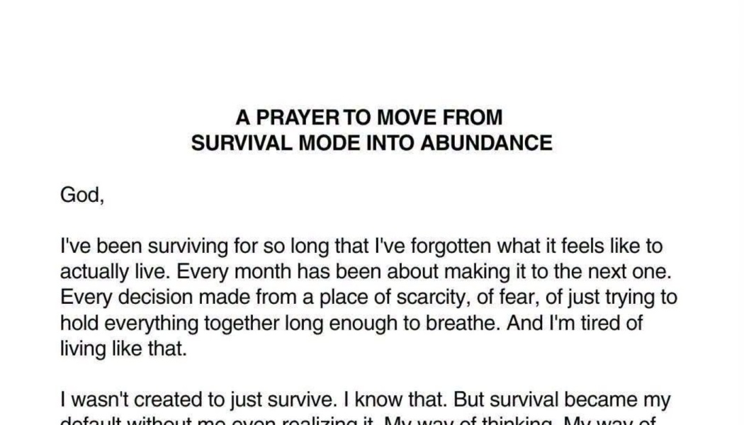 Text titled "A Prayer to Move from Survival Mode Into Abundance," describing exhaustion from constant scarcity.