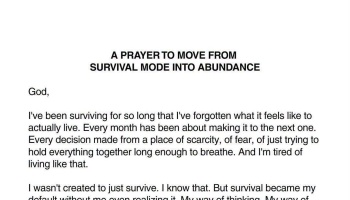 Text titled "A Prayer to Move from Survival Mode Into Abundance," describing exhaustion from constant scarcity.