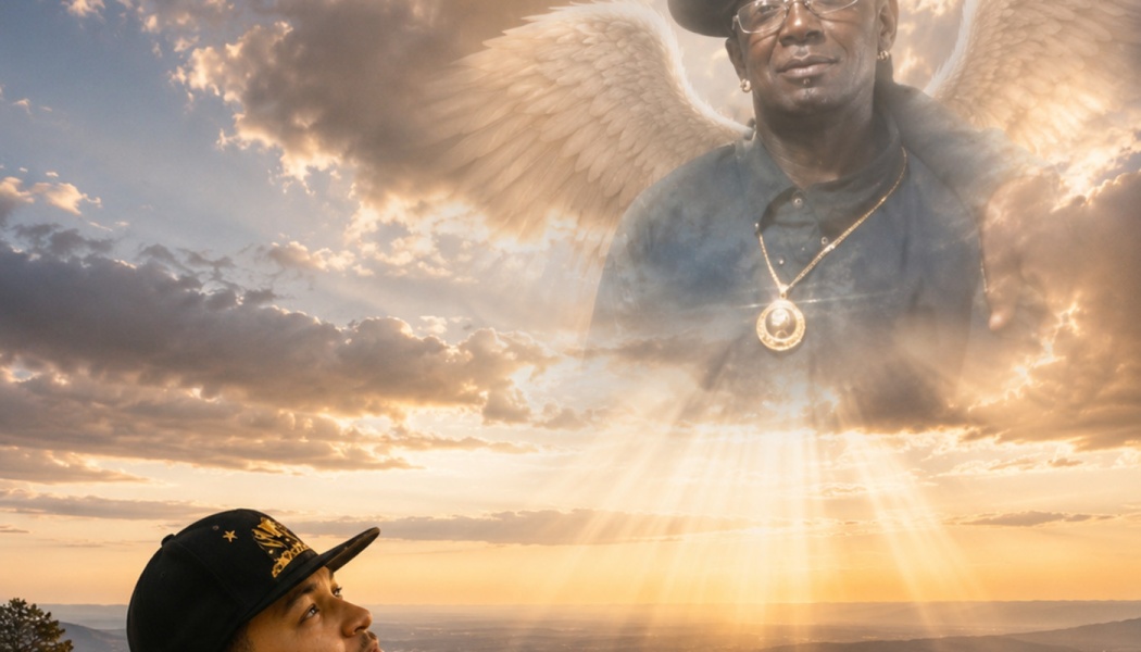 A man looks up into a sunset sky containing a tribute to a man depicted as an angel with white wings.