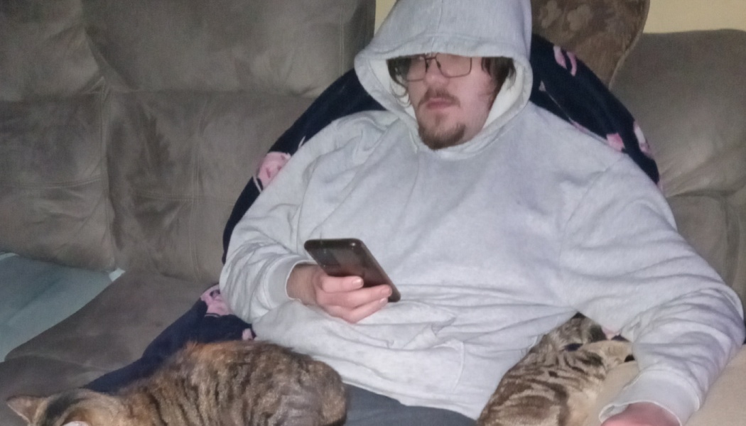 A man in a grey hoodie sits on a couch looking at his smartphone while two tabby cats rest near his lap.
