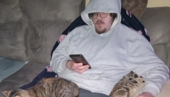 A man in a grey hoodie sits on a couch looking at his smartphone while two tabby cats rest near his lap.