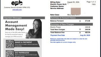 EPB electric bill statement showing a total balance due of $462.04 due by August 20, 2026.