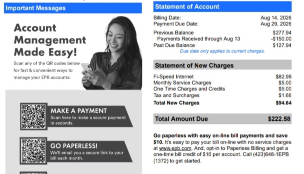 EPB utility bill statement showing a past due balance and a total amount due of $222.58.