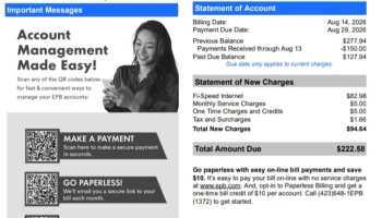 EPB utility bill statement showing a past due balance and a total amount due of $222.58.