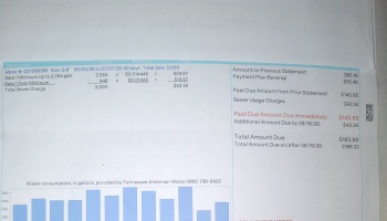 Water utility bill showing a past due amount of $140.65 due immediately and total due of $183.99.