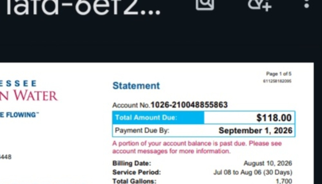 Water bill statement showing $118.00 total amount due by September 1, 2026, with a past-due balance notice.