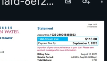 Water bill statement showing $118.00 total amount due by September 1, 2026, with a past-due balance notice.