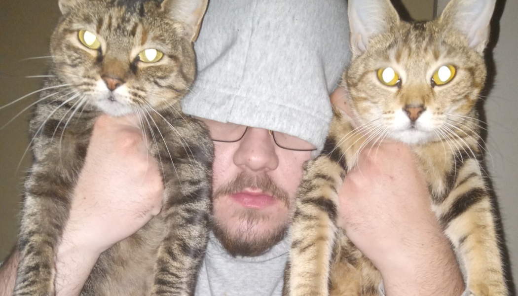 A man in a grey beanie pulled over his eyes holds two brown tabby cats close to his face.