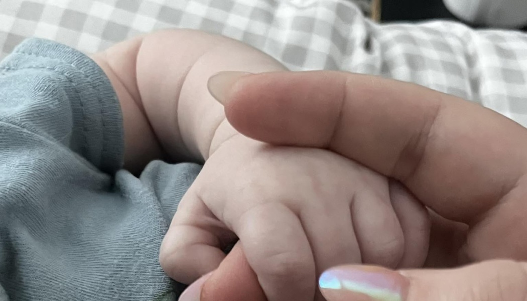 Close-up of a baby's tiny hand resting gently in an adult's hand.