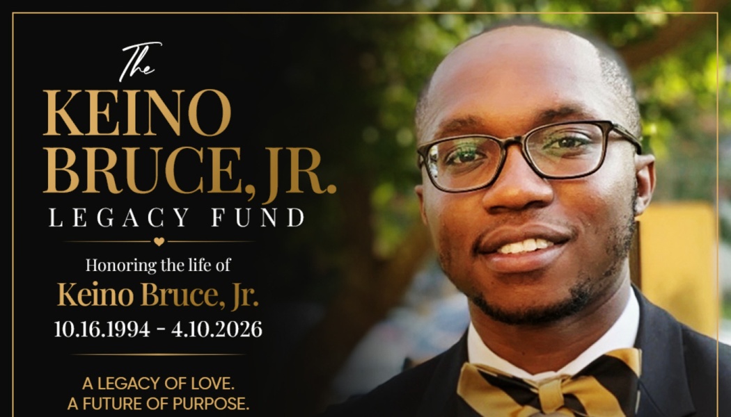 The Keino Bruce, Jr. Legacy Fund banner featuring a portrait of Keino smiling in glasses and a gold bow tie.