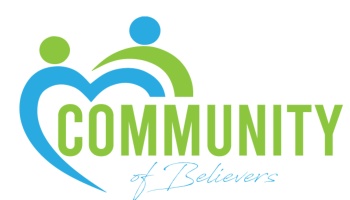 Logo featuring blue and green abstract figures forming a heart, with text reading "COMMUNITY of Believers".