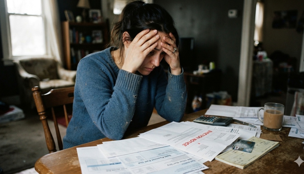 A stressed woman holds her head in her hands at a table spread with bills and a red-stamped eviction notice.