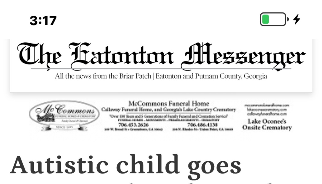 Screenshot of The Eatonton Messenger newspaper banner above a headline reading "Autistic child goes".