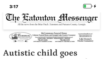 Screenshot of The Eatonton Messenger newspaper banner above a headline reading "Autistic child goes".