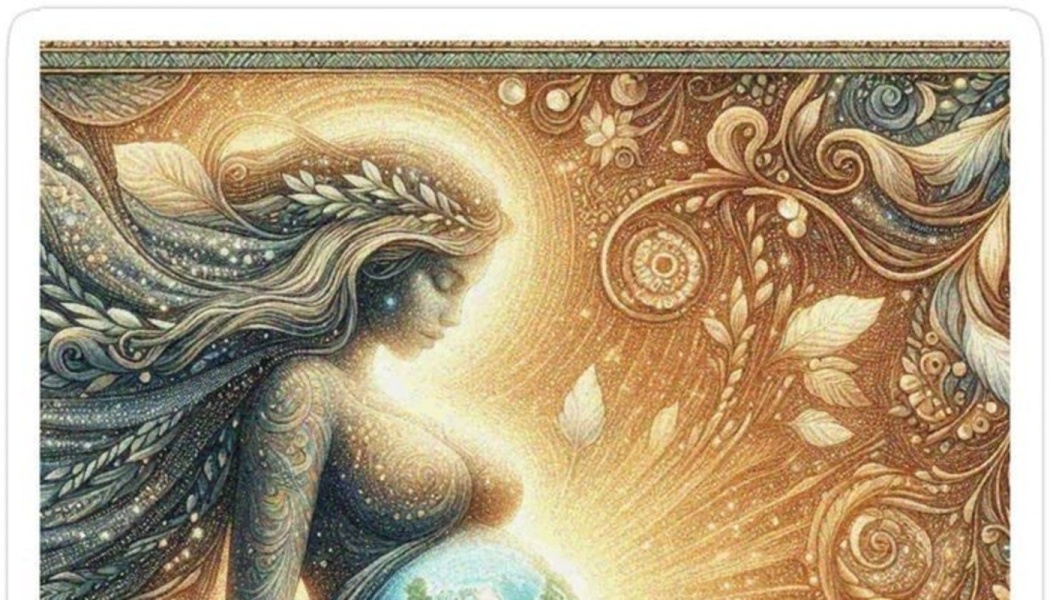 Mystical golden artwork of a celestial goddess cradling a glowing planet Earth in her pregnant belly.