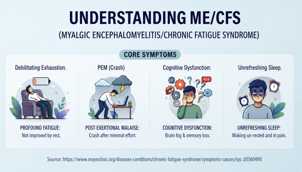 "Understanding ME/CFS" infographic showing core symptoms: fatigue, PEM, cognitive dysfunction, and unrefreshing sleep.