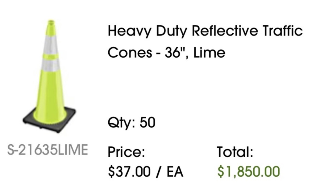 Order details for 50 lime green 36-inch heavy duty reflective traffic cones, totaling $1,850.00.