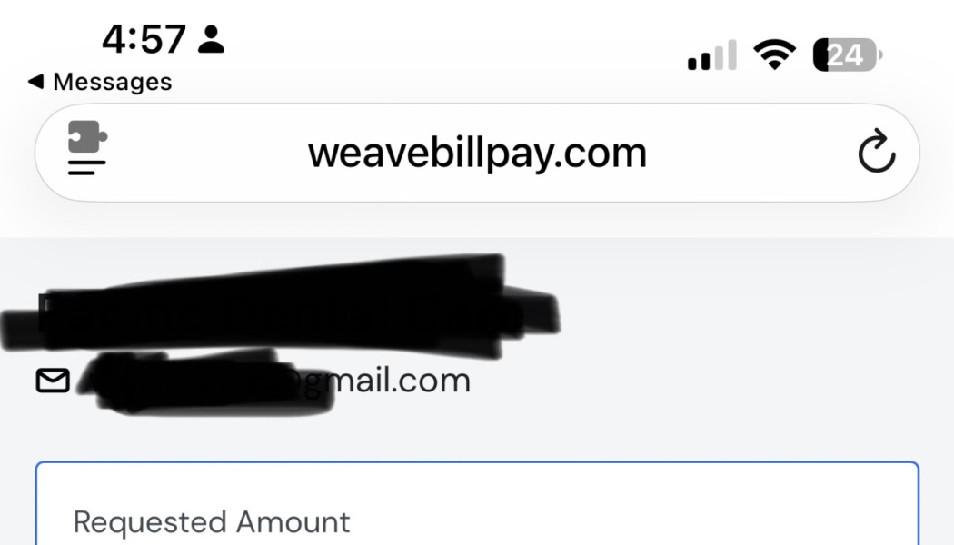 Mobile screenshot of weavebillpay.com showing redacted contact details above a Requested Amount form section.