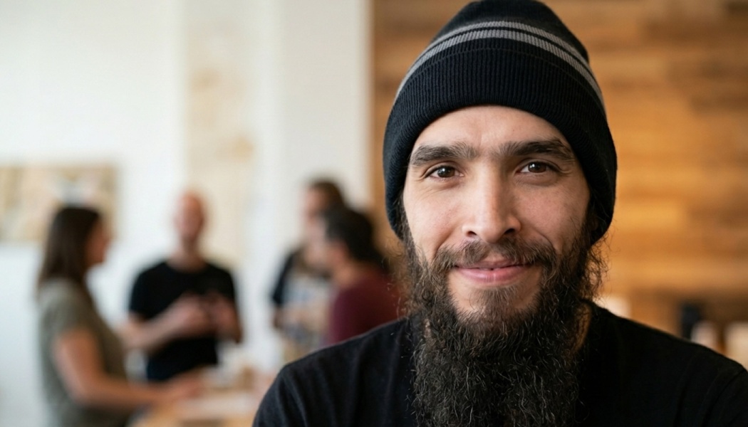 A smiling man with a long beard and black beanie, with blurred people in the background.