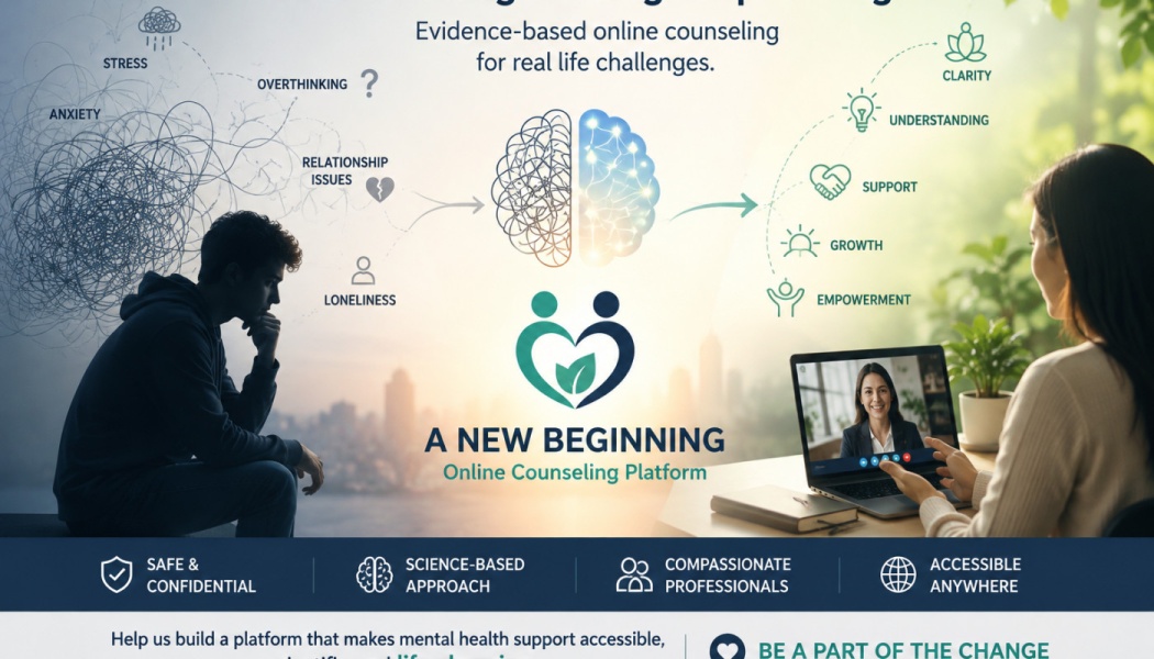 Infographic for A New Beginning online counseling platform, showing a path from mental distress to virtual therapy.