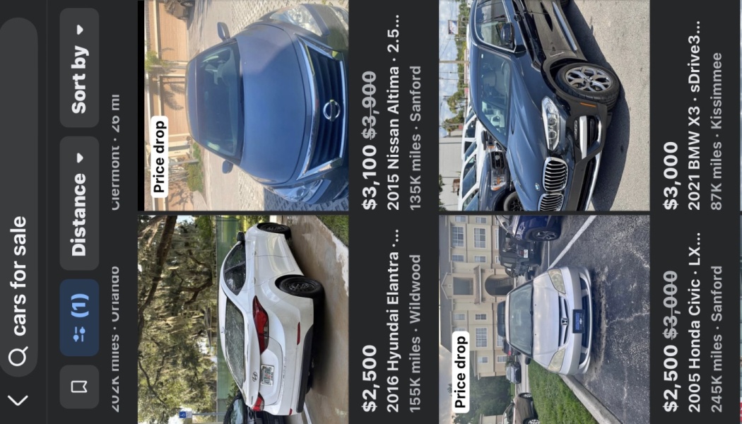 A mobile app screen showing used car listings with photos, prices, car models, and location details.